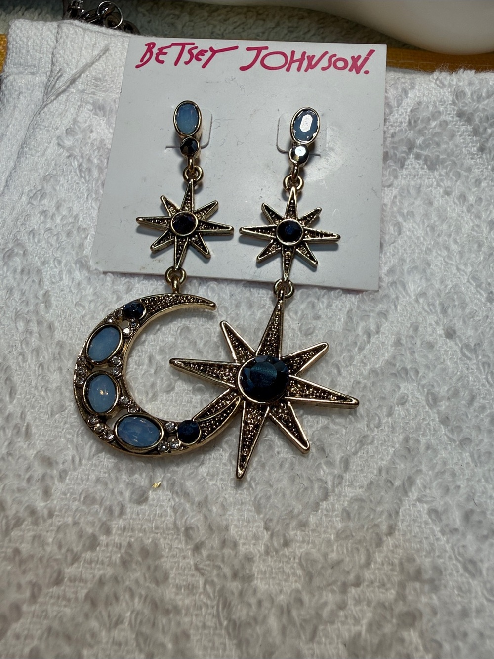 Betsey Johnson Gold-Tone Moon & Star Dangle Earrings with Blue Stones